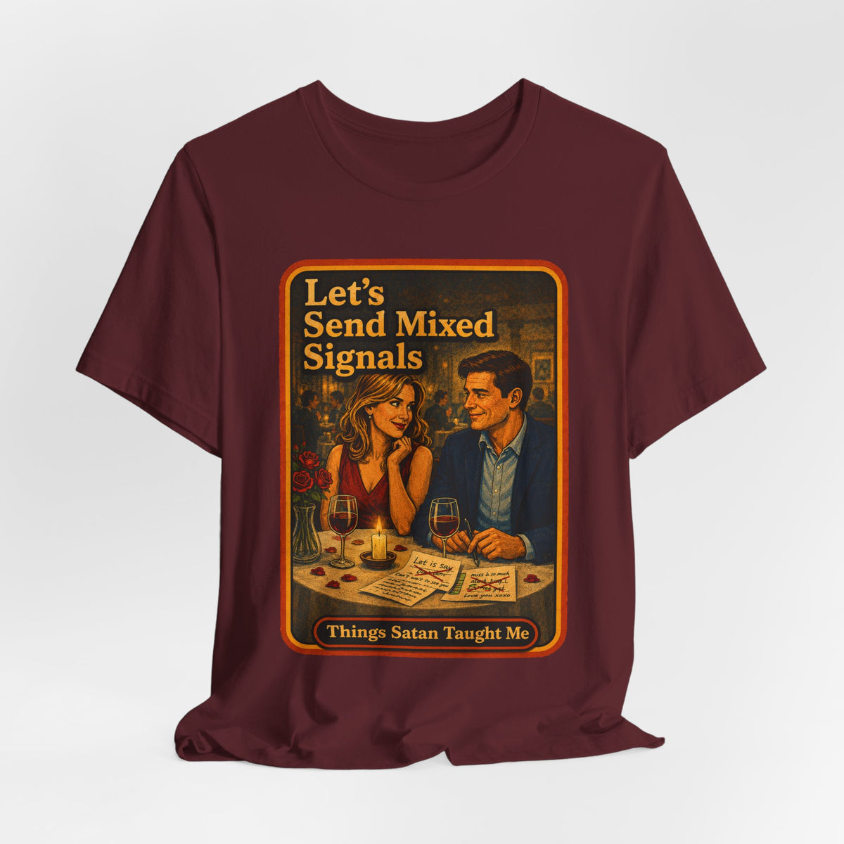 Let's Send Mixed Signals Unisex Tee in Maroon, view 4