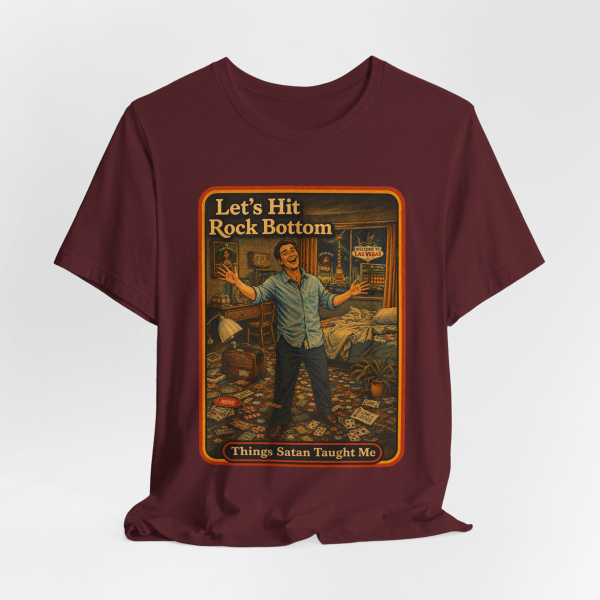 Let's Hit Rock Bottom Unisex Tee in Maroon, view 4