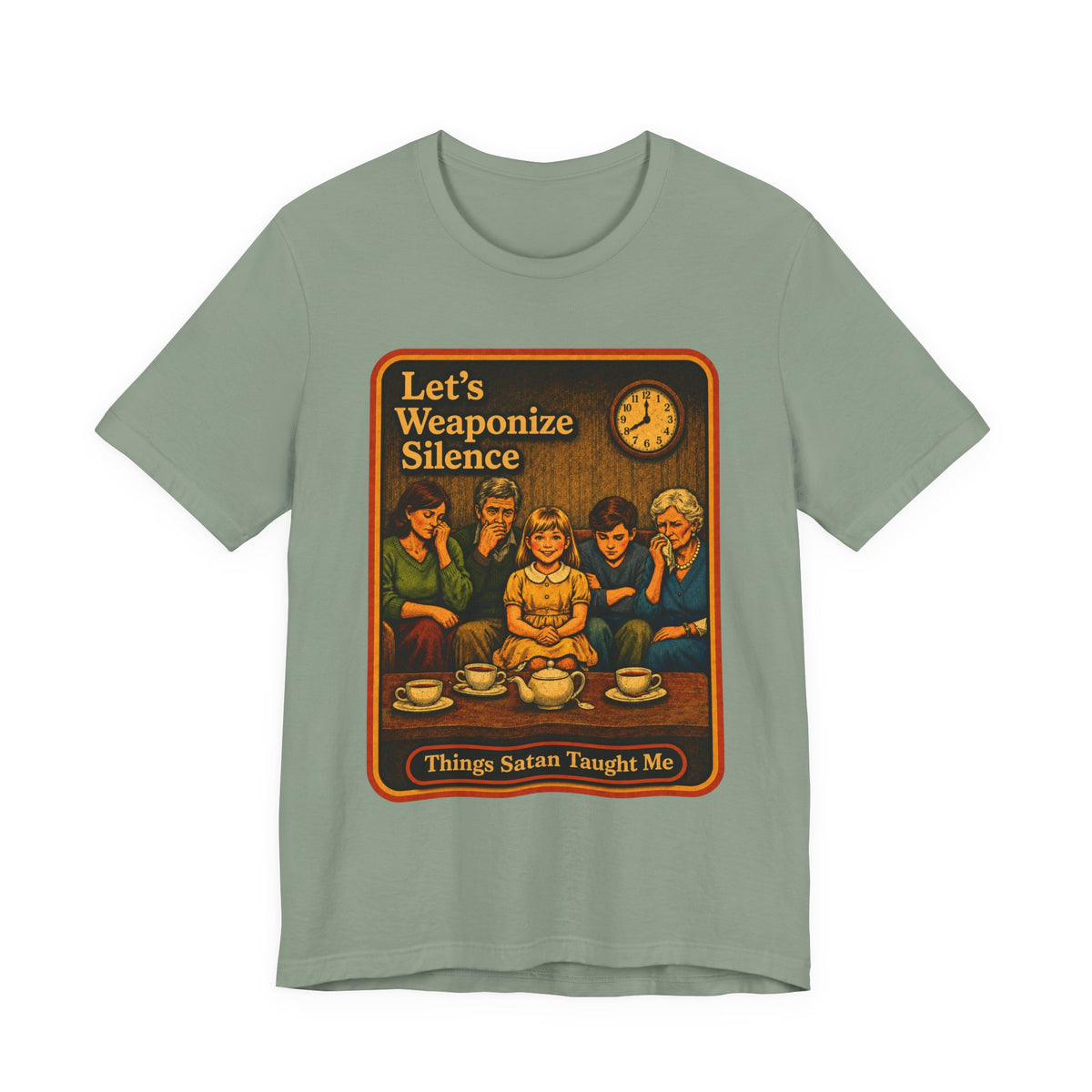 Let's Weaponize Silence Unisex Tee in Sage, front
