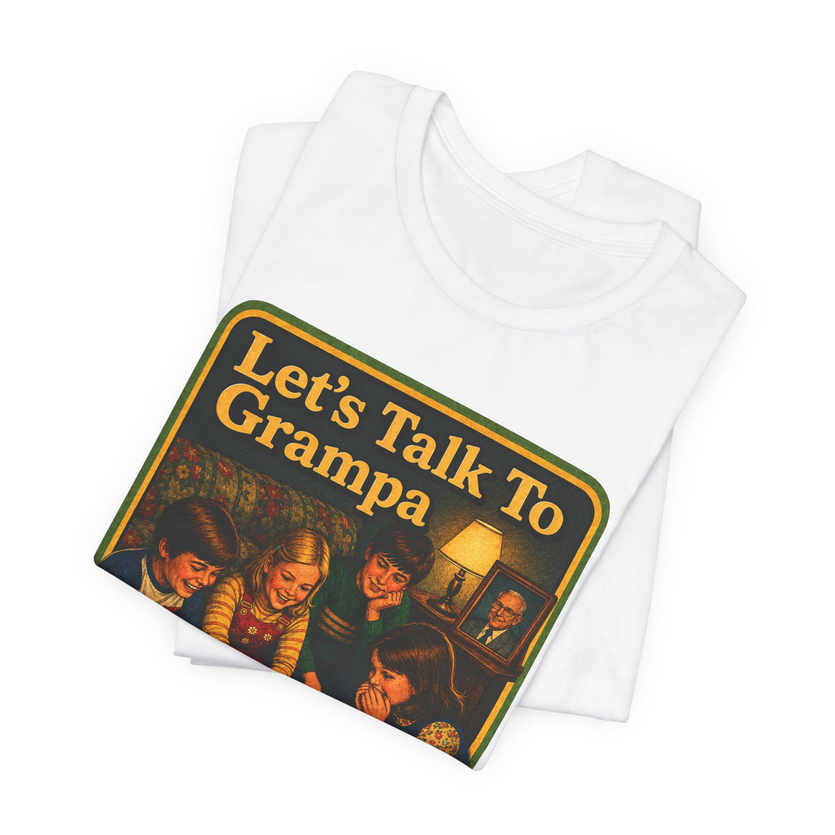 Let's Talk To Grampa Unisex Tee in White, view 3