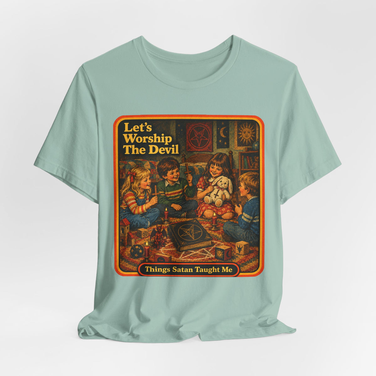 Let's Worship The Devil Unisex Tee in Dusty Blue, view 4