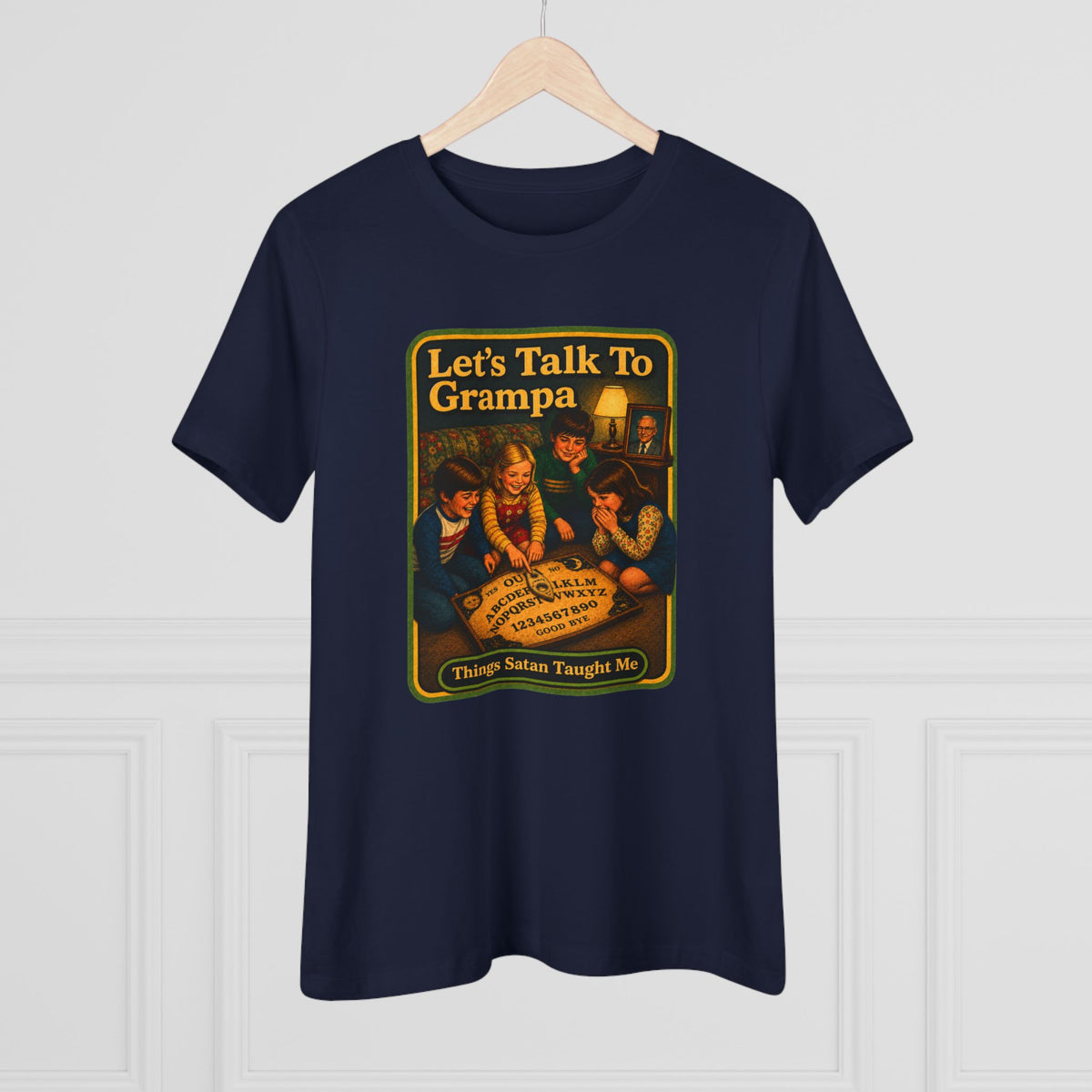 Let's Talk To Grampa Women's Tee in Navy, view 4