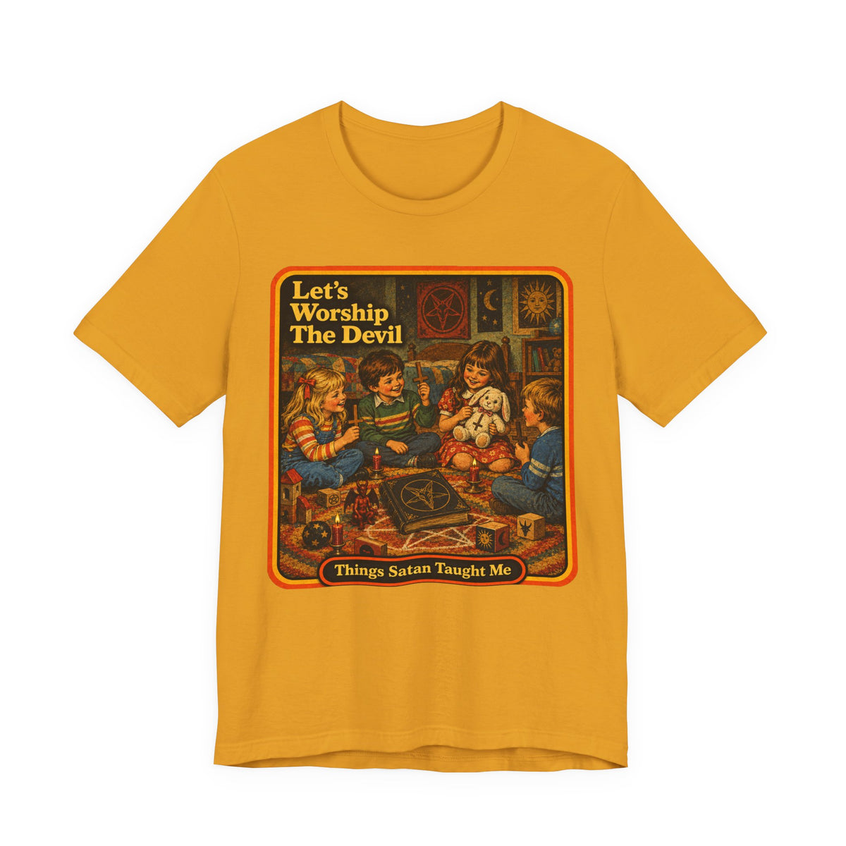 Let's Worship The Devil Unisex Tee in Mustard, front