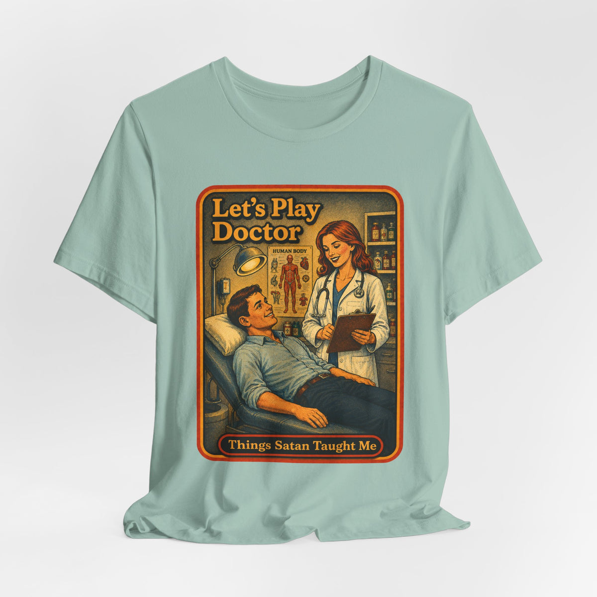 Let's Play Doctor Unisex Tee in Dusty Blue, view 4