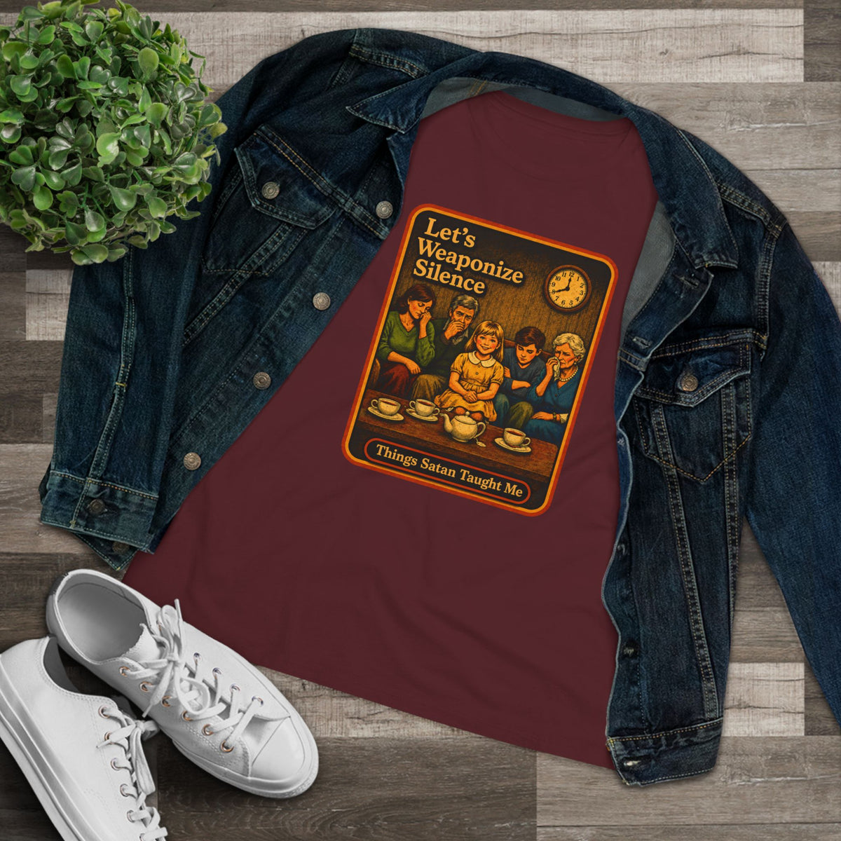 Let's Weaponize Silence Women's Tee in Maroon, view 3