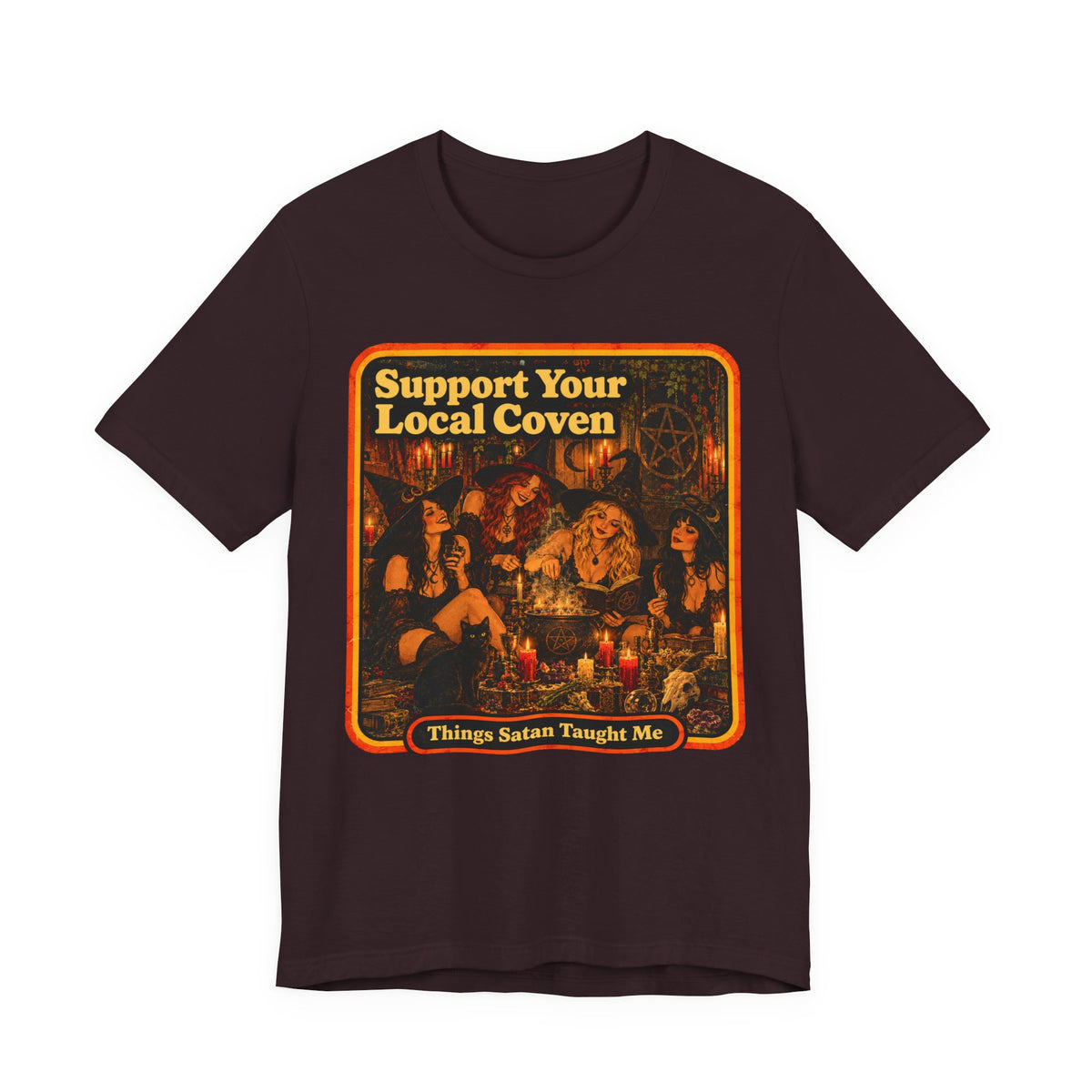 Support Your Local Coven Unisex Tee in Oxblood Black, front