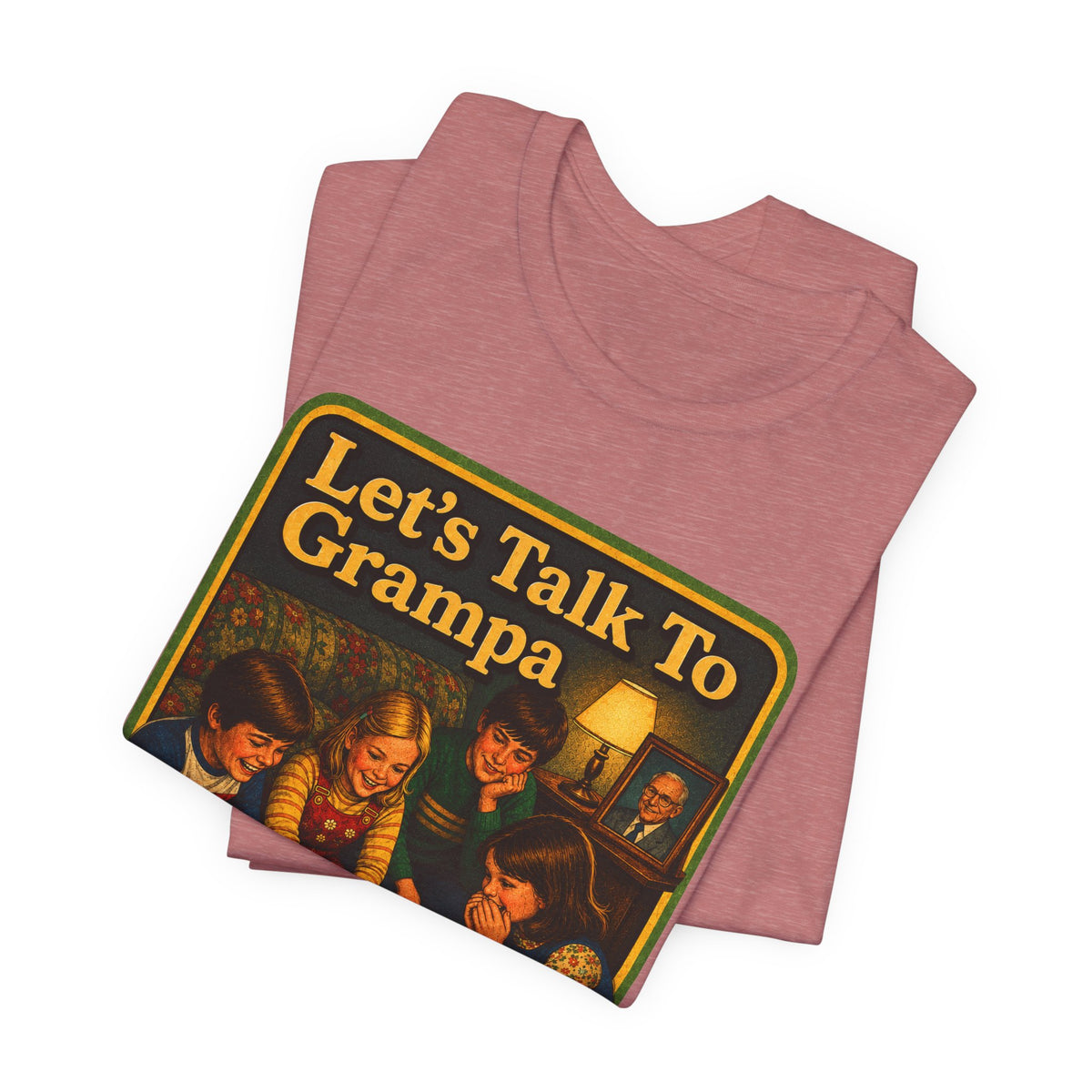 Let's Talk To Grampa Unisex Tee in Heather Mauve, view 3
