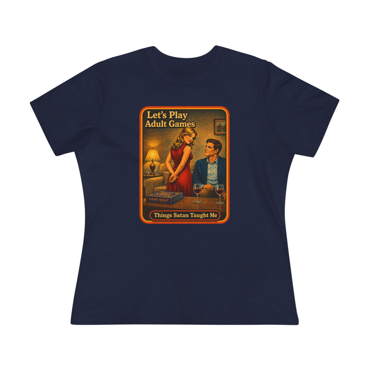 Let's Play Adult Games Women's Tee in Navy, front