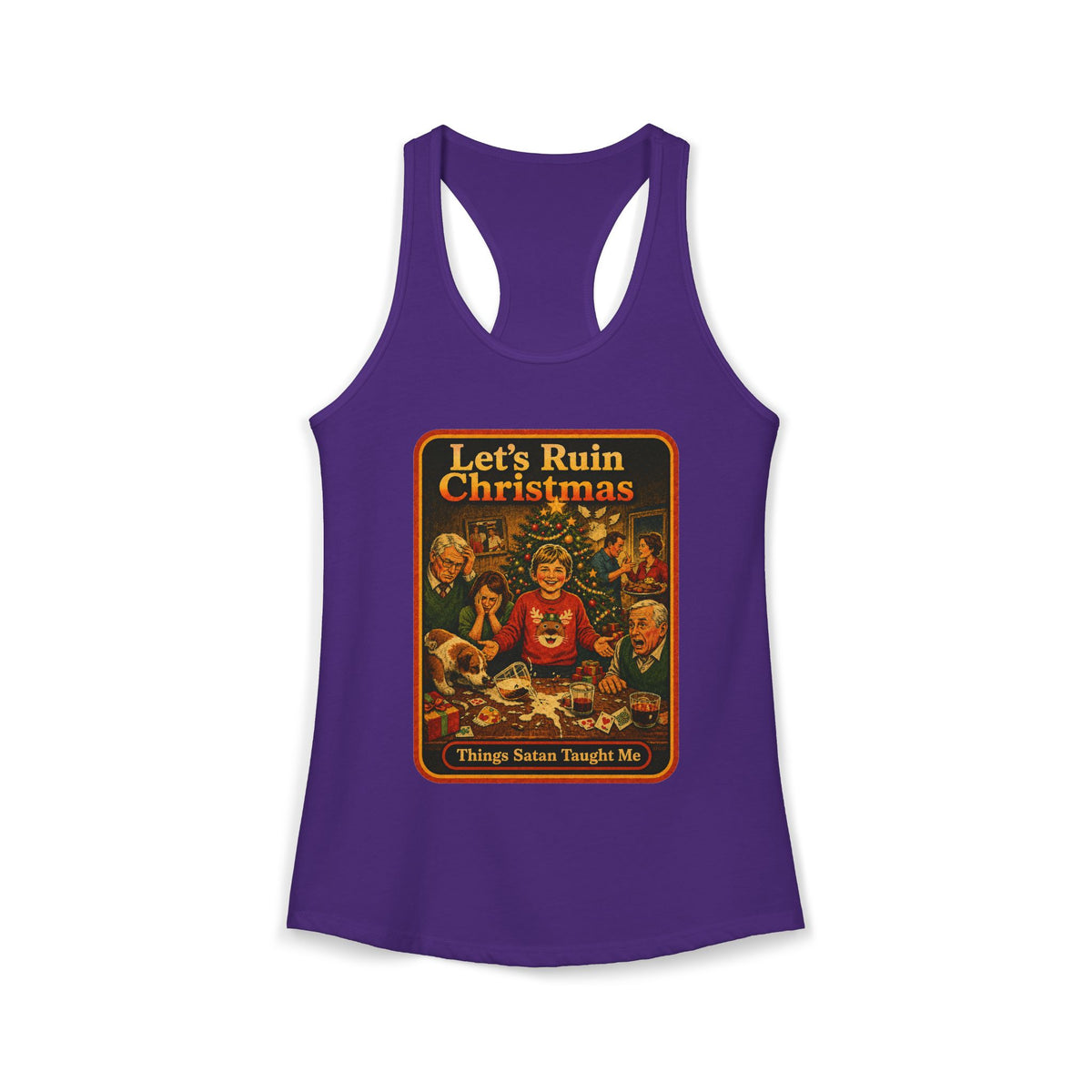 Let's Ruin Christmas Racerback Tank in Purple Rush, front