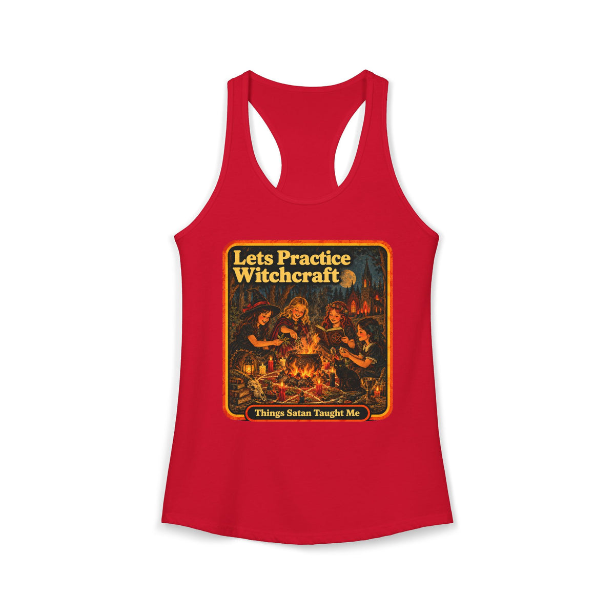 Let's Practice Witchcraft Racerback Tank in Red, front