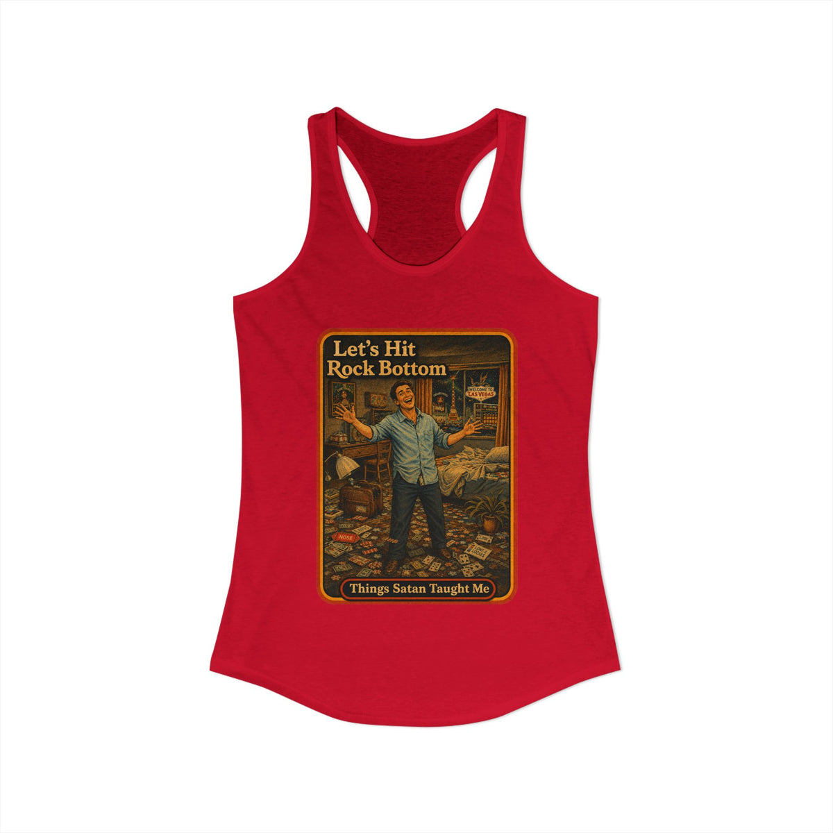 Let's Hit Rock Bottom Racerback Tank in Red, view 2
