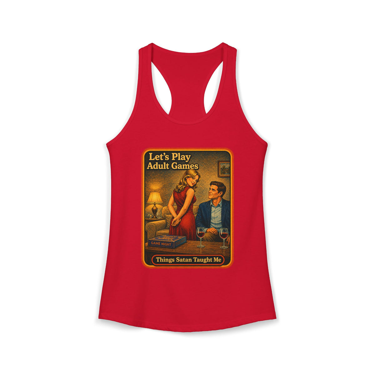Let's Play Adult Games Racerback Tank in Red, front