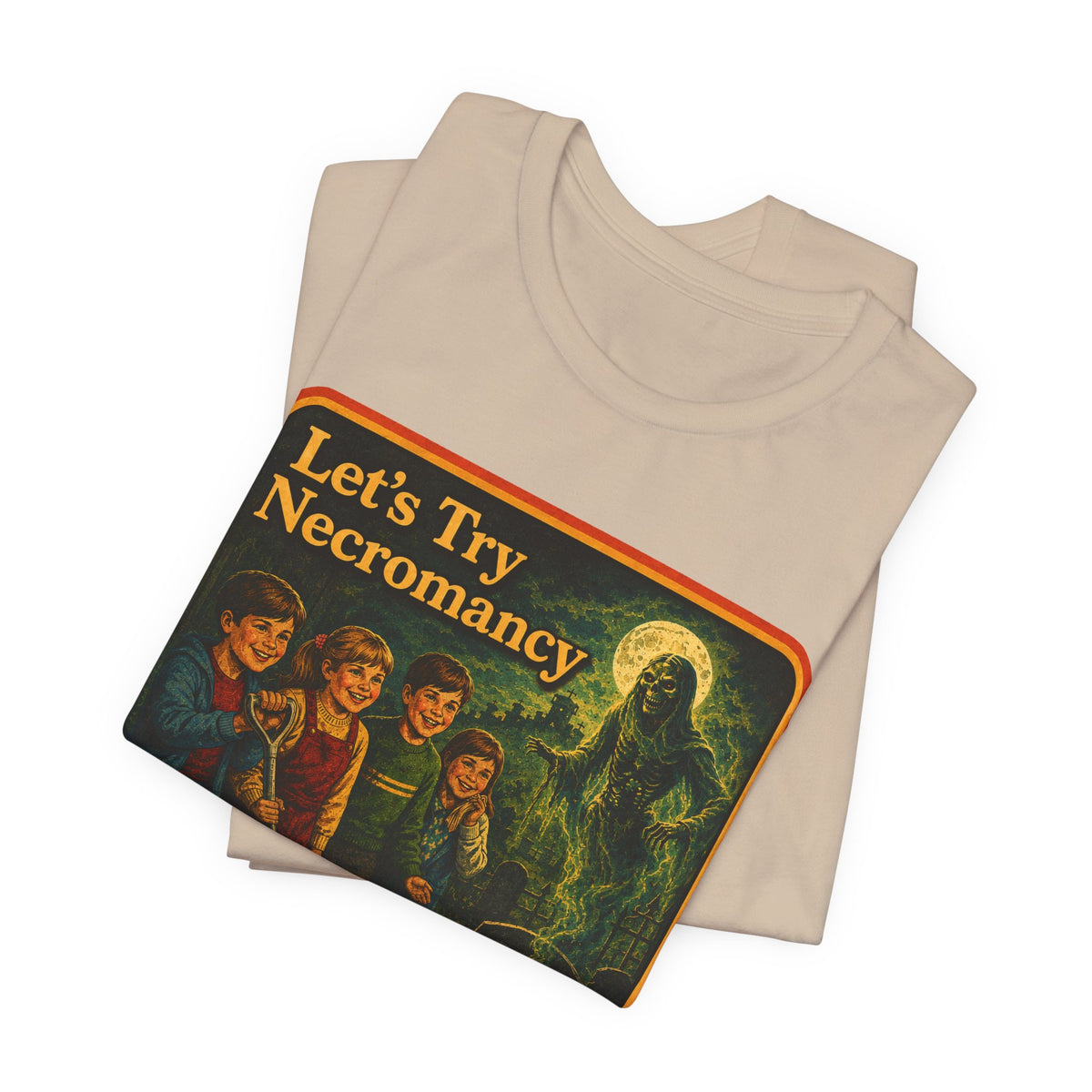 Let's Try Necromancy Unisex Tee in Tan, view 3