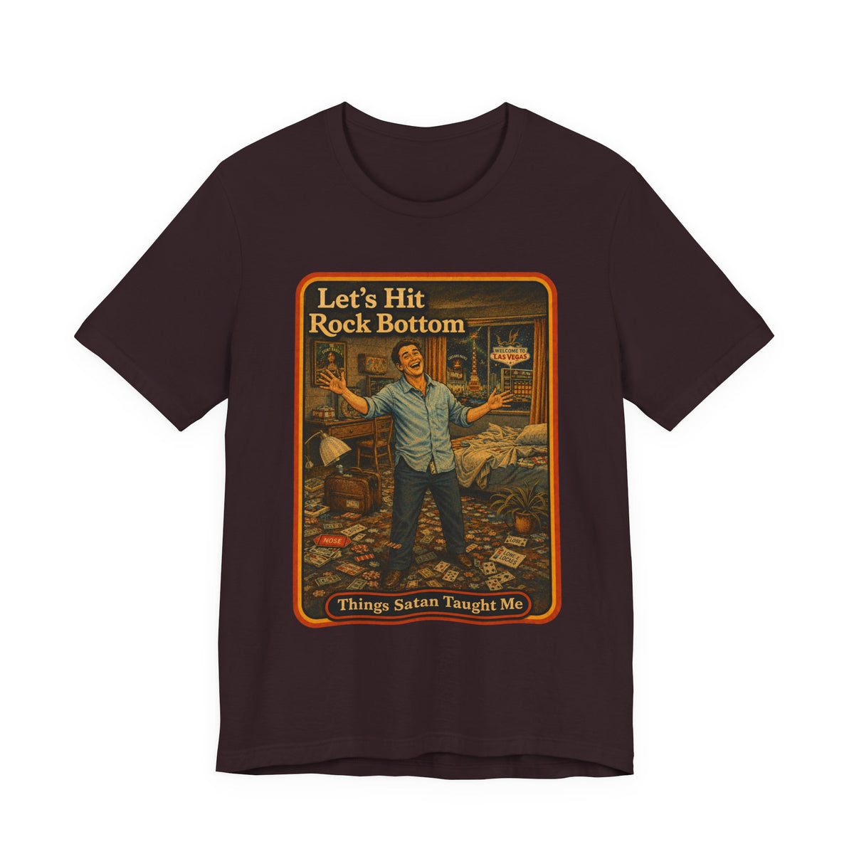 Let's Hit Rock Bottom Unisex Tee in Oxblood Black, front