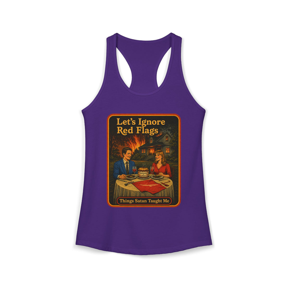 Let's Ignore Red Flags Racerback Tank in Purple Rush, front