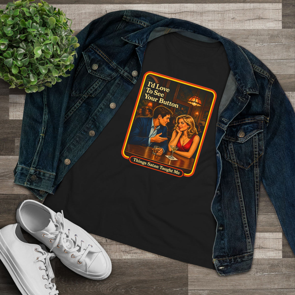 I'd Love To See Your Button Women's Tee in Black, view 3