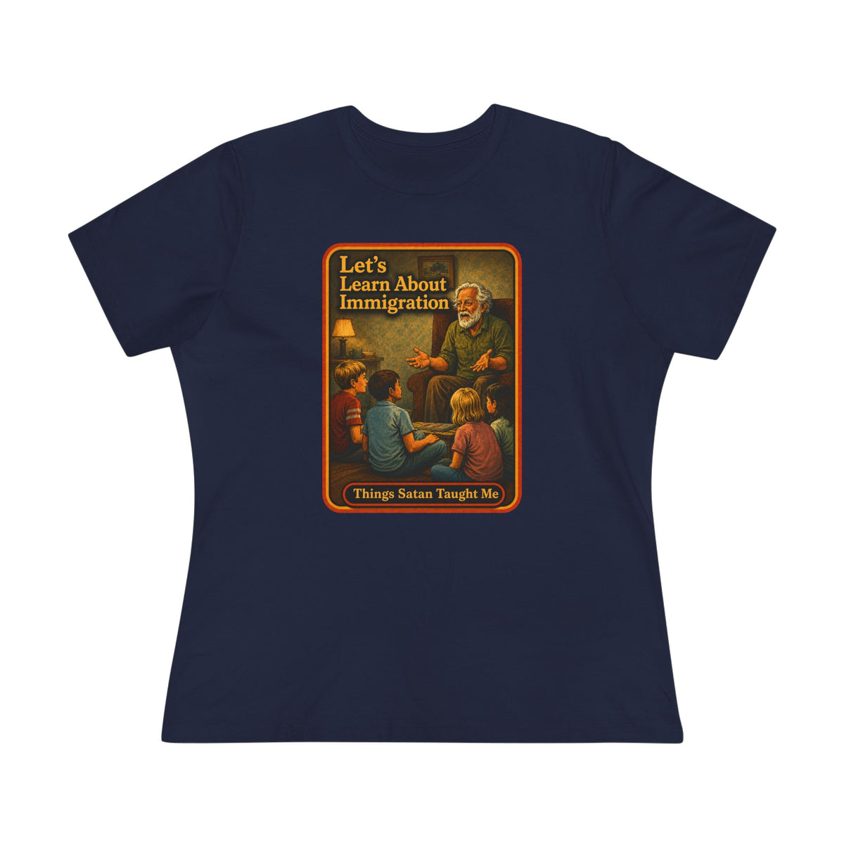 Let's Learn About Immigration Women's Tee in Navy, front