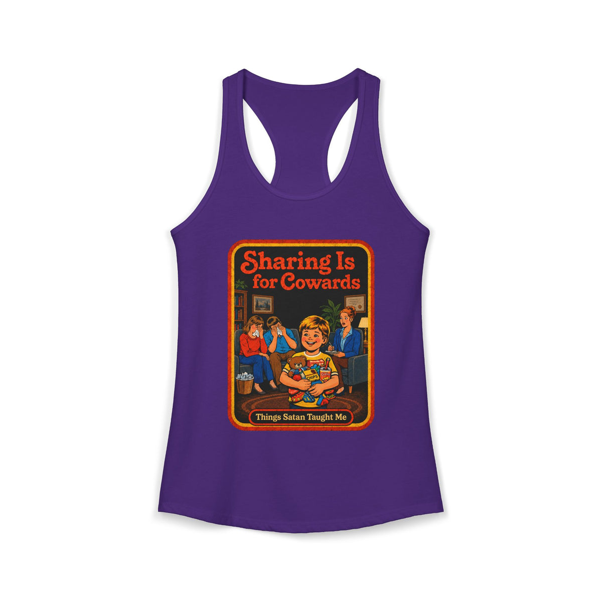 Sharing Is For Cowards Racerback Tank in Purple Rush, front