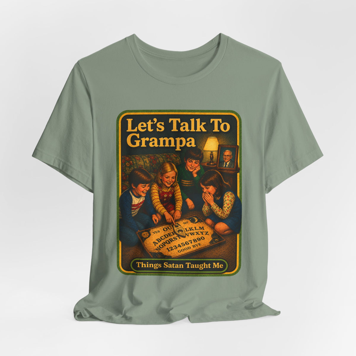 Let's Talk To Grampa Unisex Tee in Sage, view 4