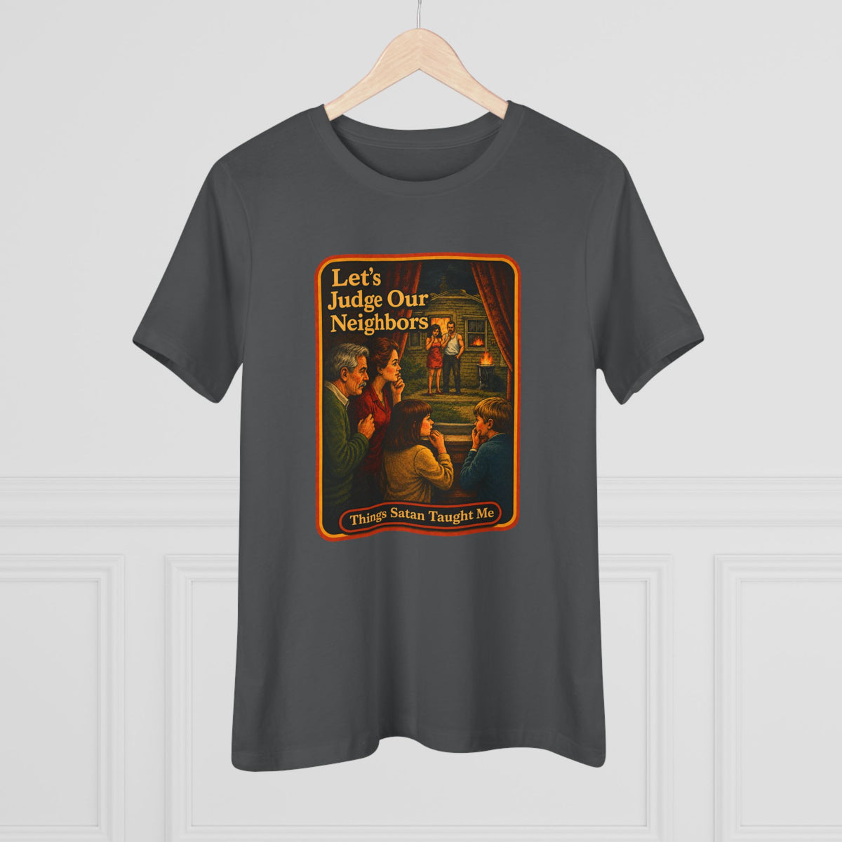 Let's Judge Our Neighbors Women's Tee in Asphalt, view 4