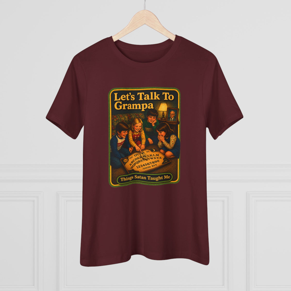 Let's Talk To Grampa Women's Tee in Maroon, view 4