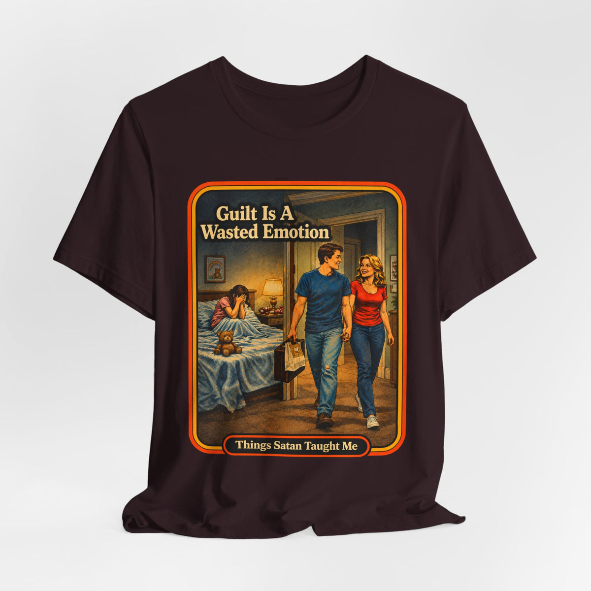Guilt Is A Wasted Emotion Unisex Tee in Oxblood Black, view 4
