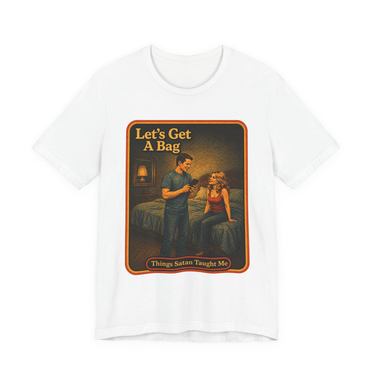 Let's Get A Bag Unisex Tee in White, front
