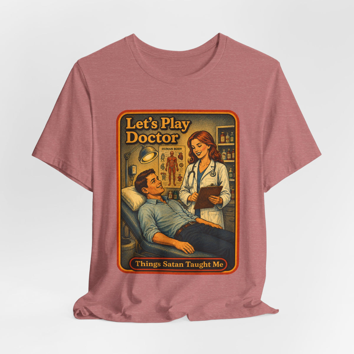 Let's Play Doctor Unisex Tee in Heather Mauve, view 4