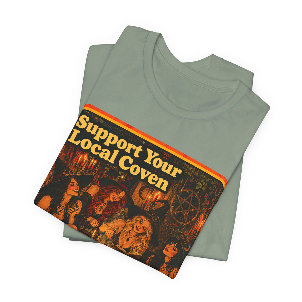 Support Your Local Coven Unisex Tee in Sage, view 3