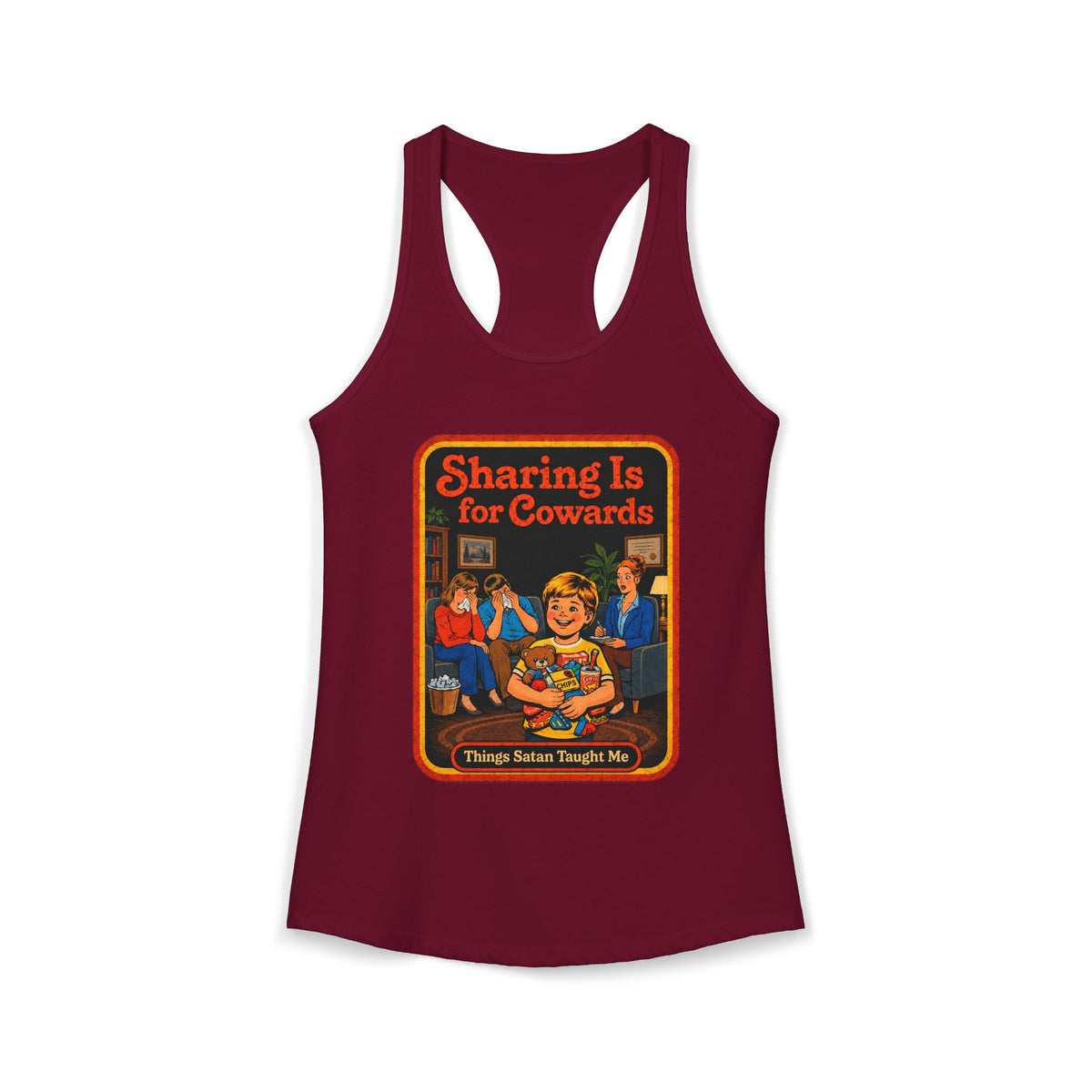 Sharing Is For Cowards Racerback Tank in Cardinal Red, front