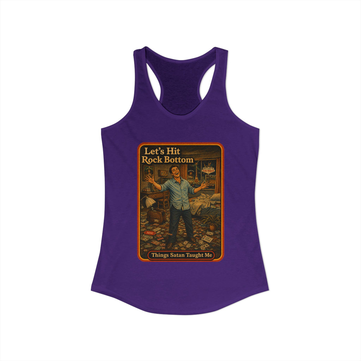 Let's Hit Rock Bottom Racerback Tank in Purple Rush, view 2