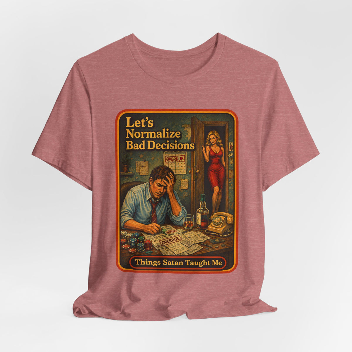 Let's Normalize Bad Decisions Unisex Tee in Heather Mauve, view 4