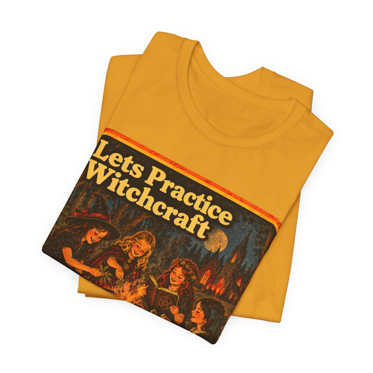 Let's Practice Witchcraft Unisex Tee in Mustard, view 3