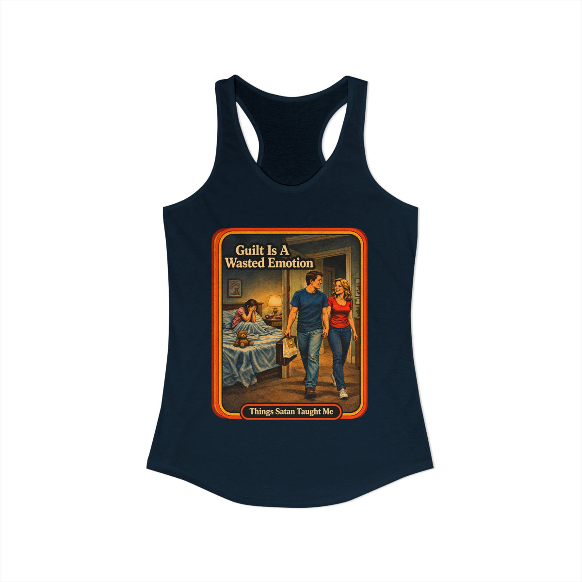 Guilt Is A Wasted Emotion Racerback Tank in Midnight Navy, view 2