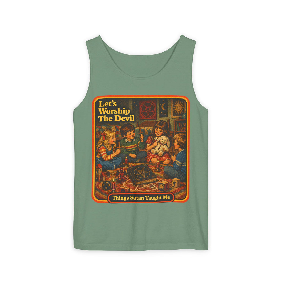 Let's Worship The Devil Men's Wife Beater | Things Satan Taught Me in Light Green, front