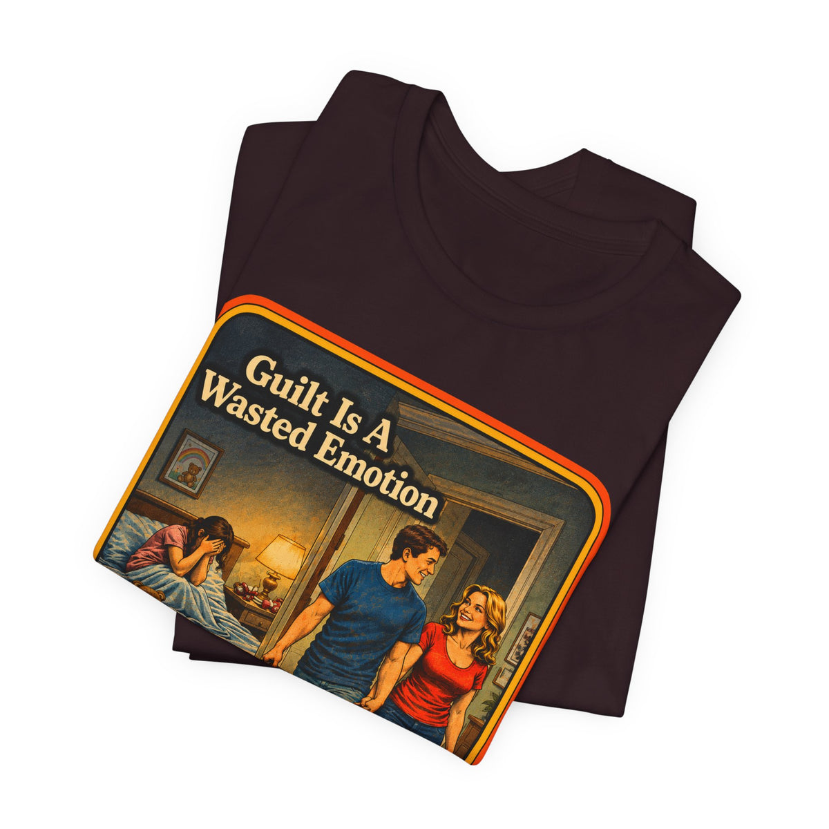 Guilt Is A Wasted Emotion Unisex Tee in Oxblood Black, view 3