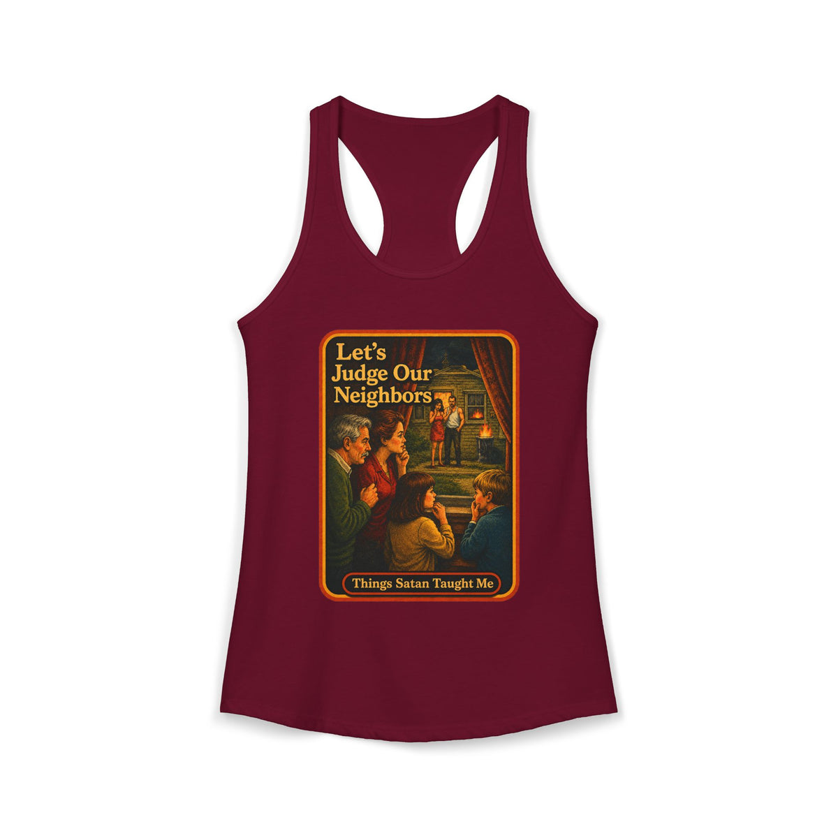 Let's Judge Our Neighbors Racerback Tank in Cardinal Red, front