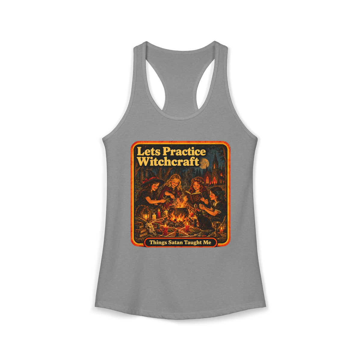 Let's Practice Witchcraft Racerback Tank in Heather Grey, front