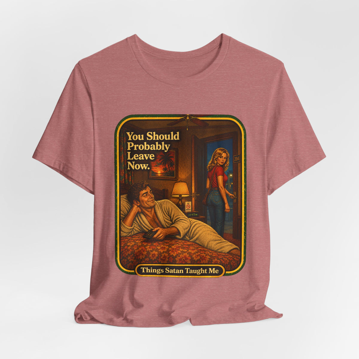 You Should Probably Leave Now Unisex Tee in Heather Mauve, view 4
