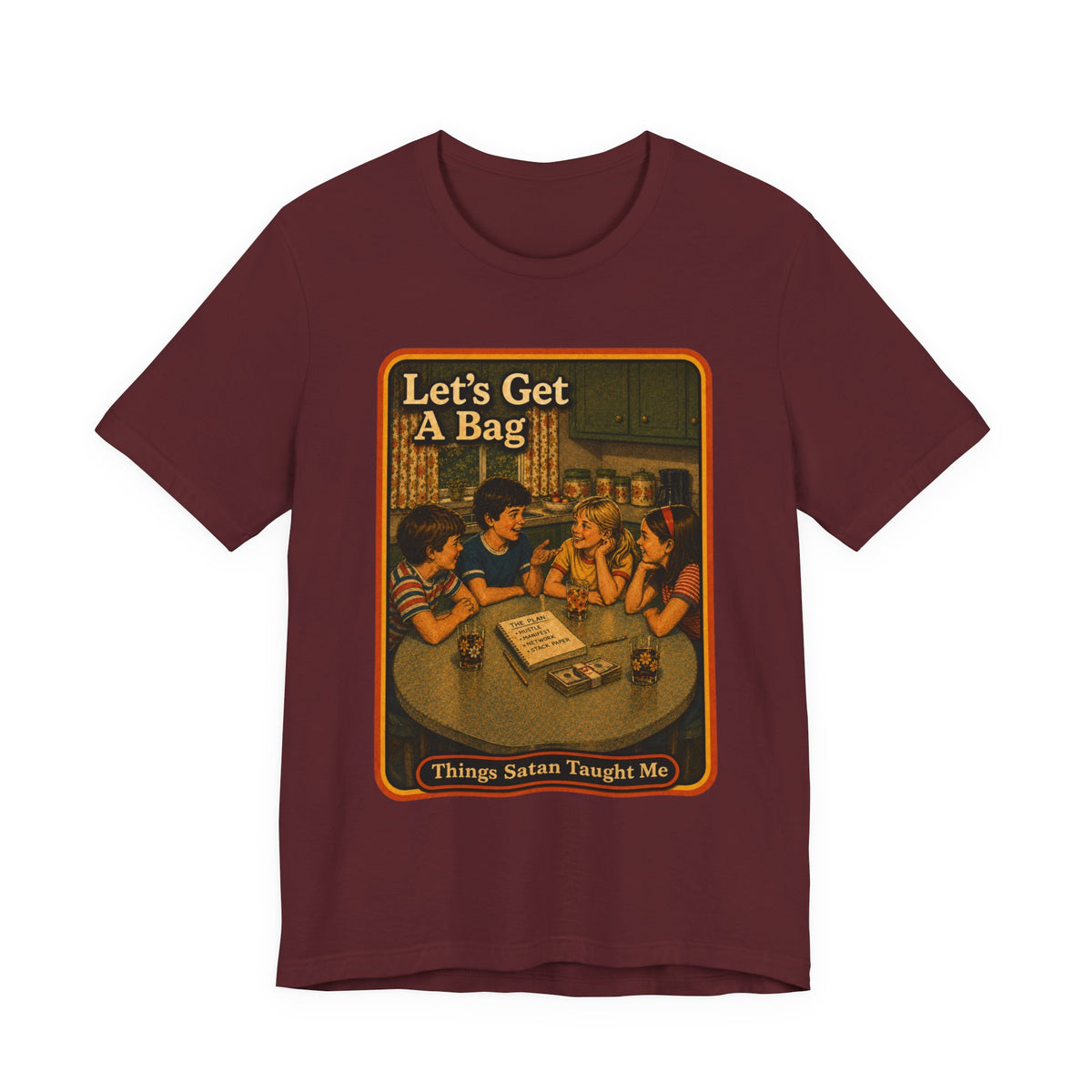 Let's Get Another Bag Unisex Tee in Maroon, front
