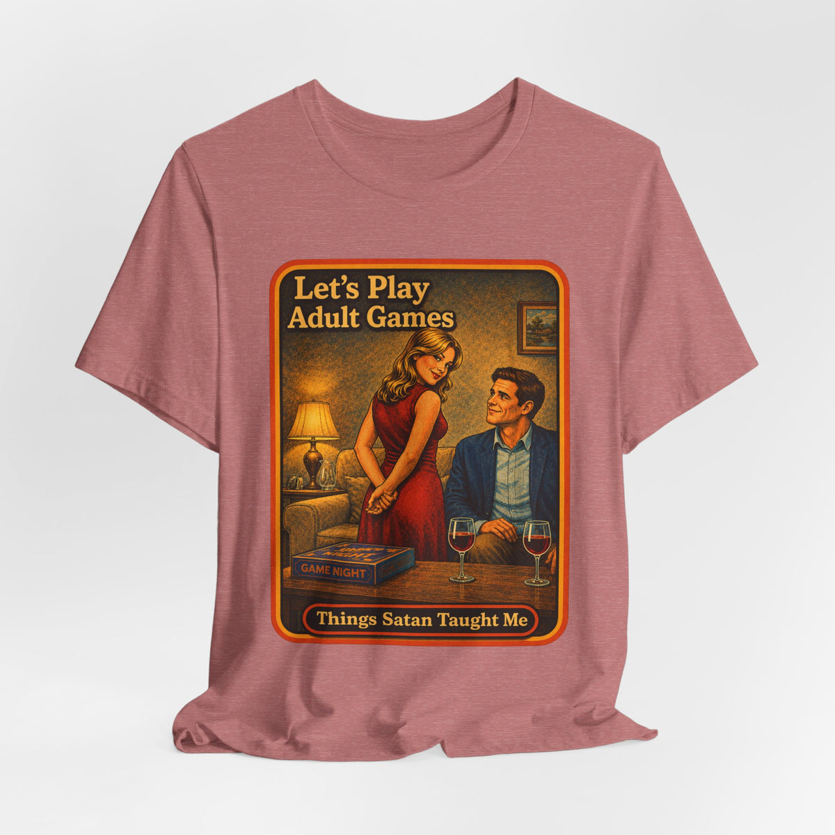 Let's Play Adult Games Unisex Tee in Heather Mauve, view 4