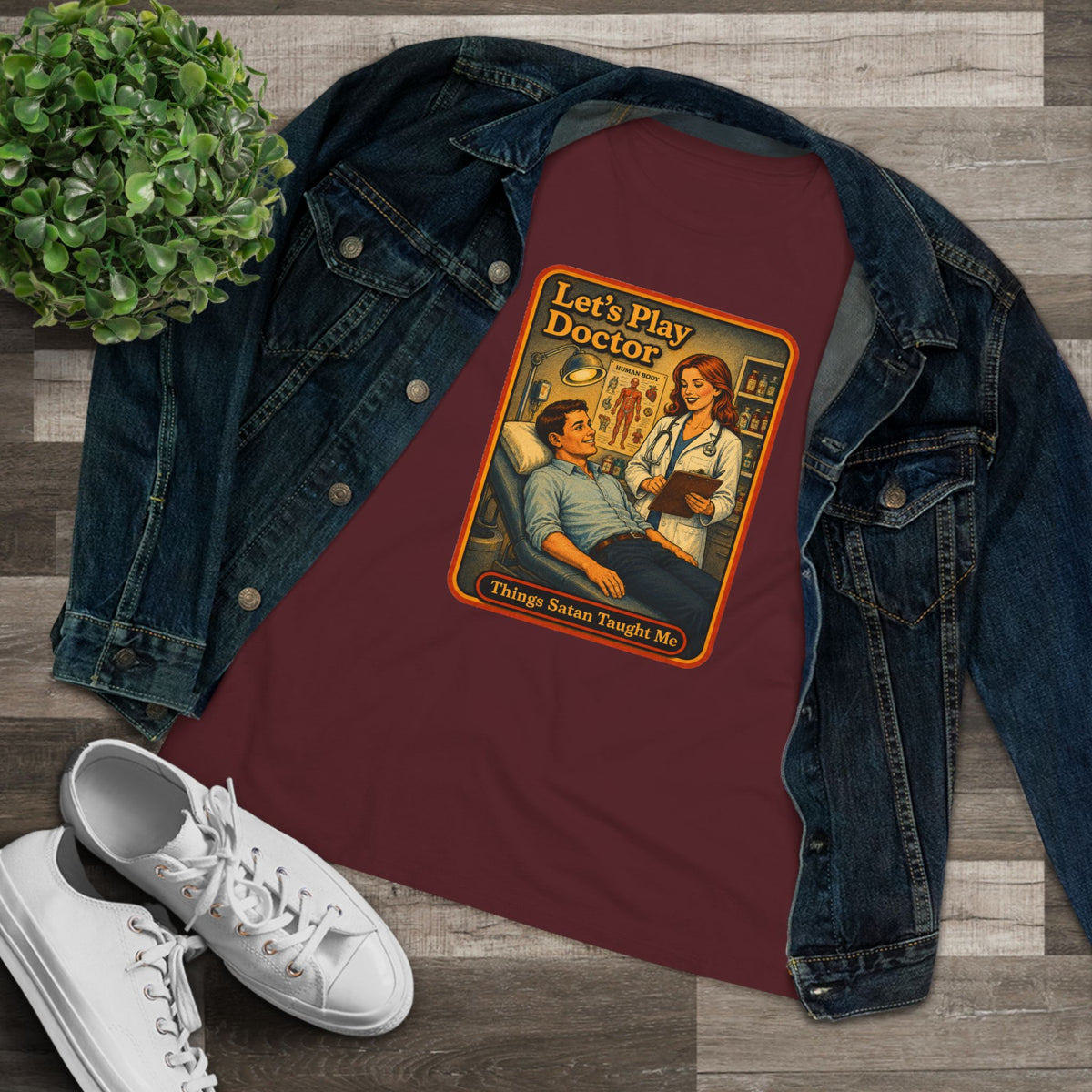 Let's Play Doctor Women's Tee in Maroon, view 3