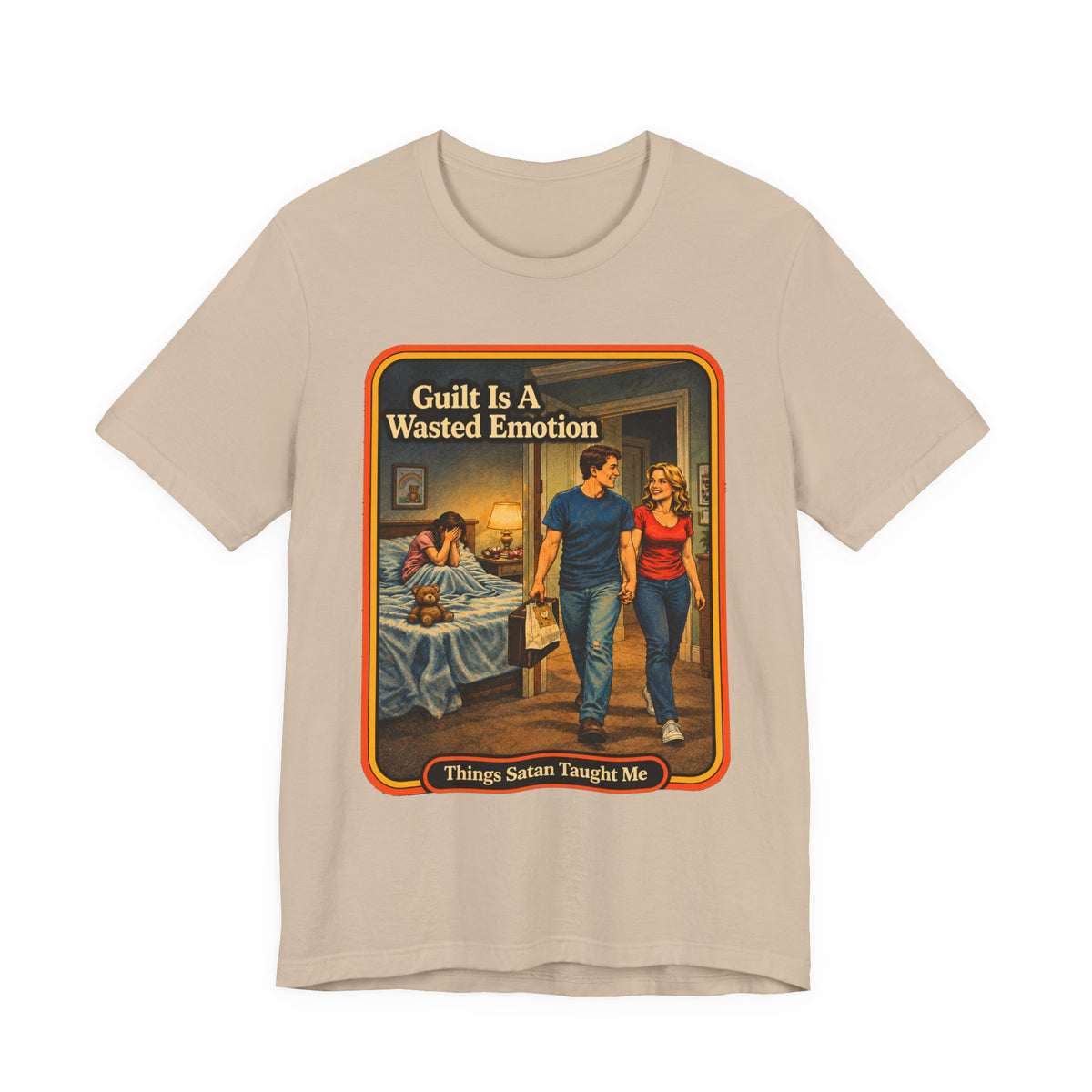 Guilt Is A Wasted Emotion Unisex Tee in Tan, front