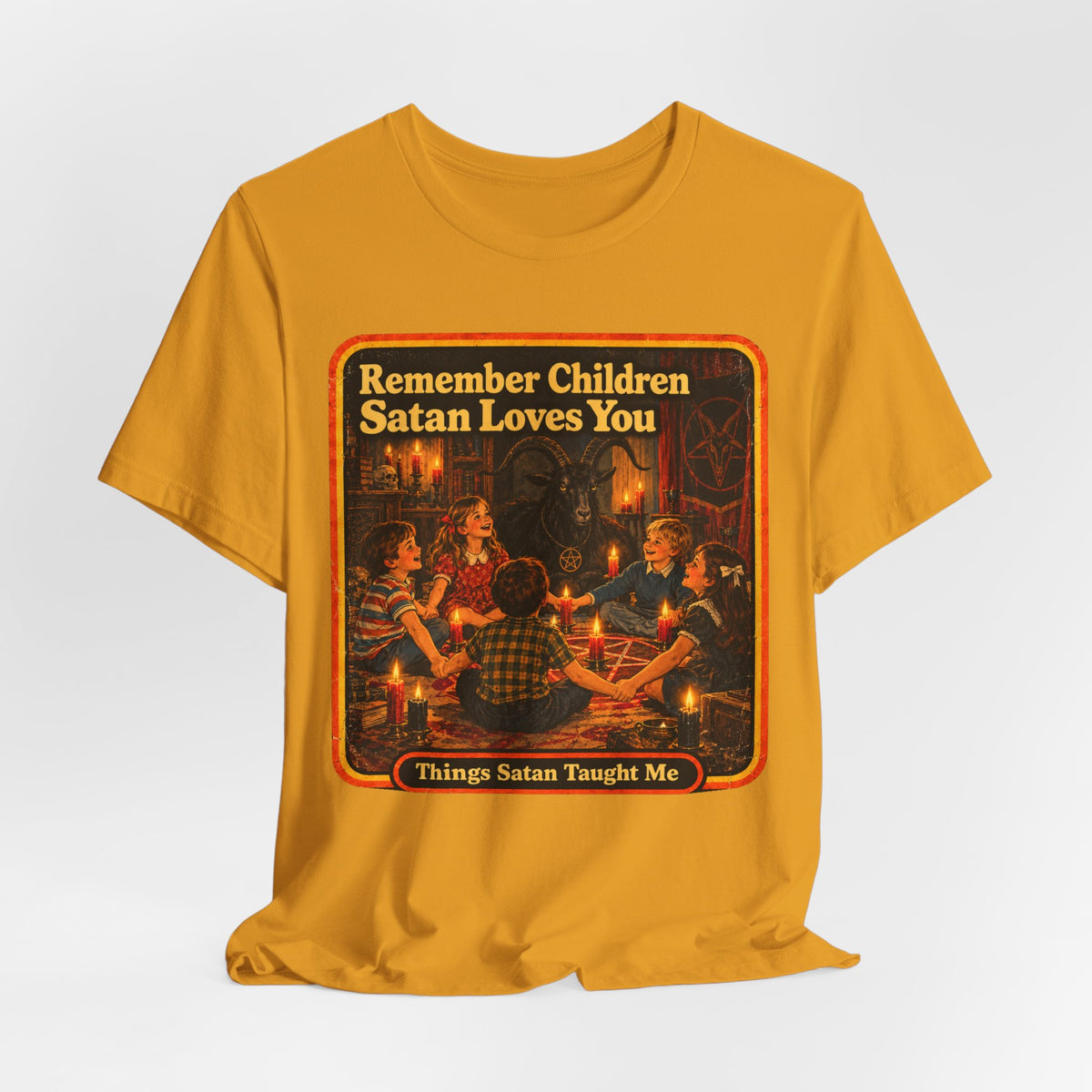 Remember Children. Satan Loves You Unisex Tee in Mustard, view 4