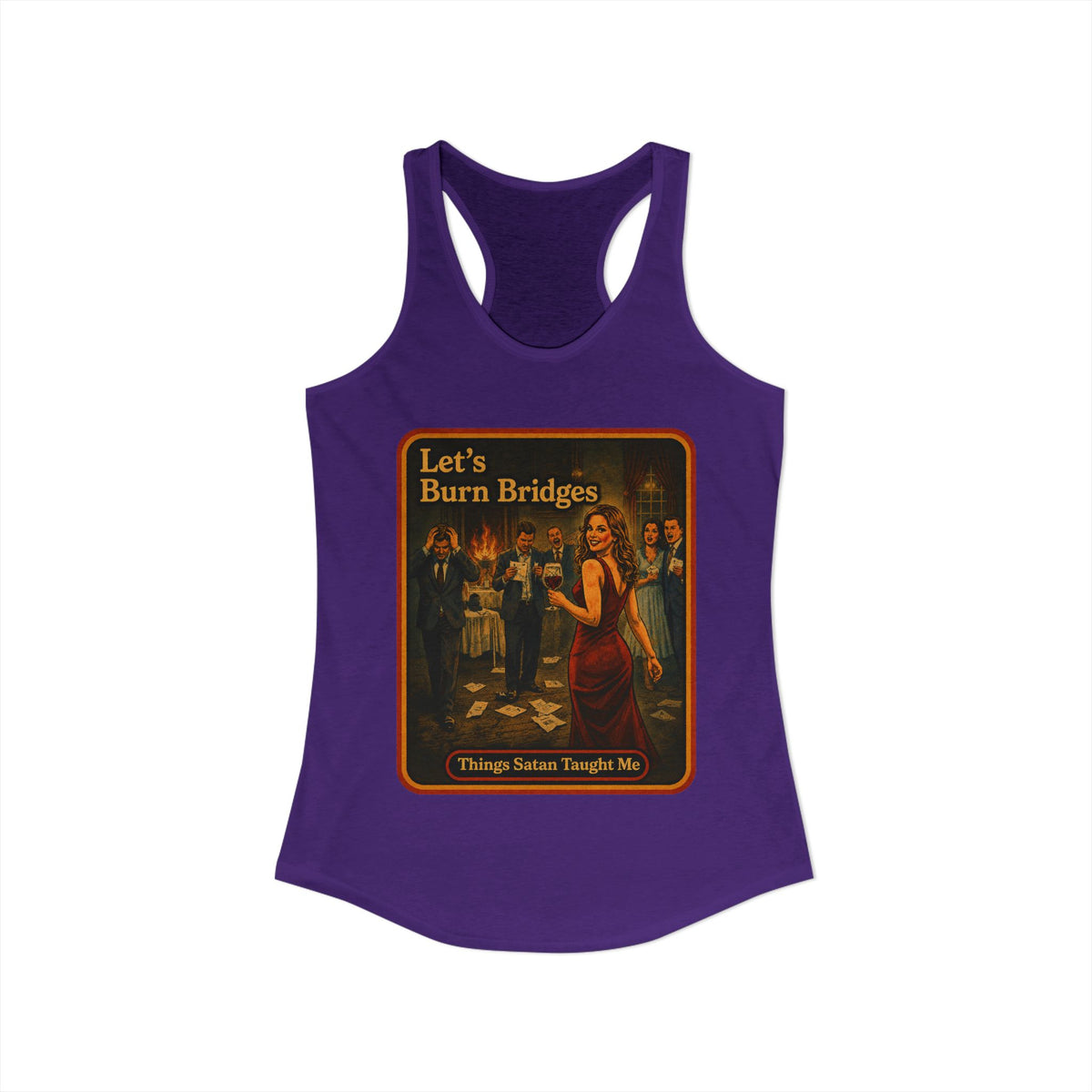 Let's Burn Bridges Racerback Tank in Purple Rush, view 2