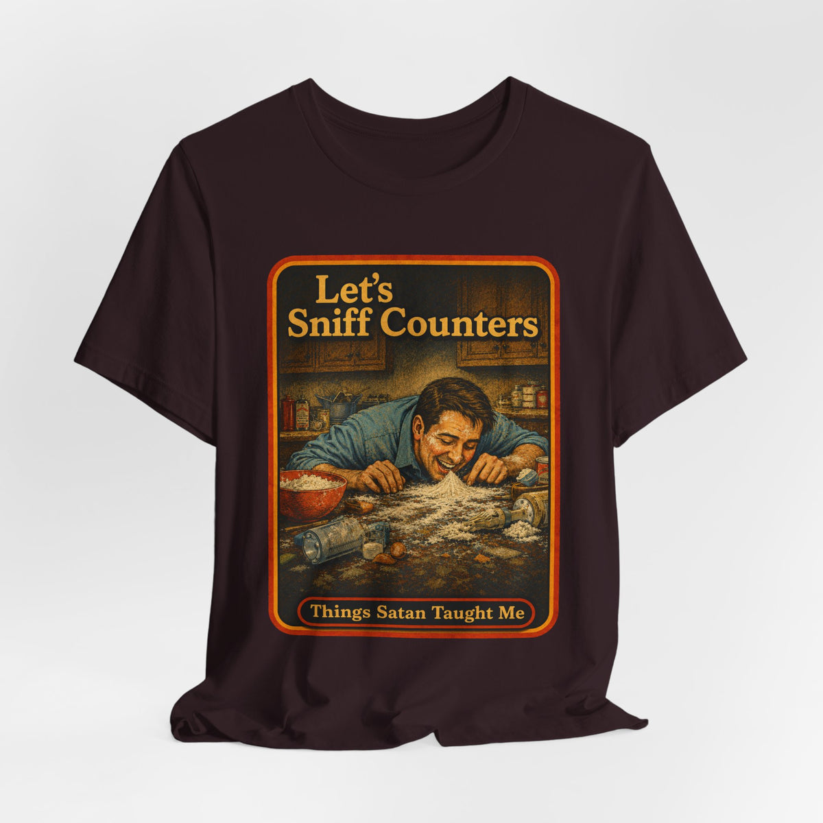 Let's Sniff Counters Unisex Tee in Oxblood Black, view 4