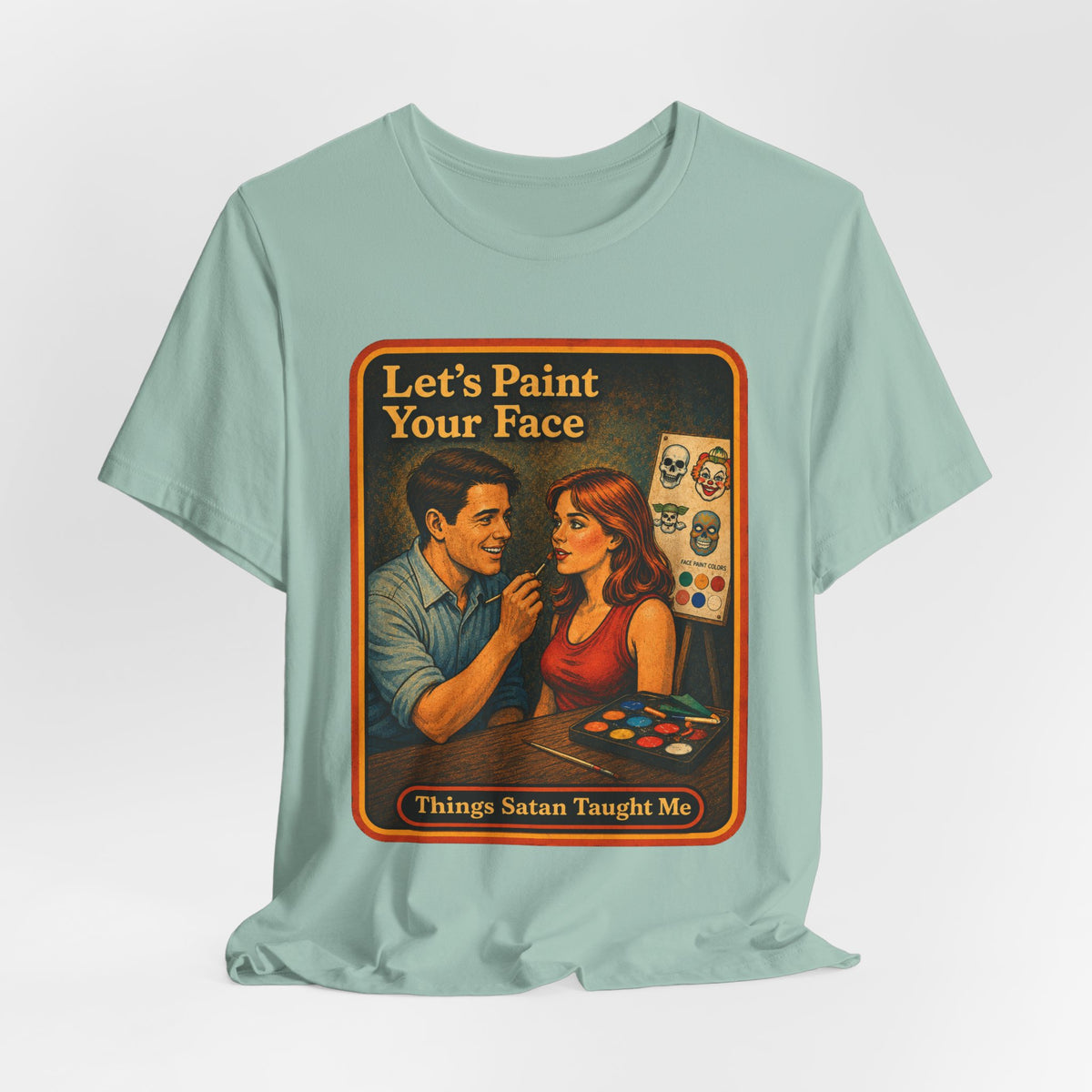 Let's Paint Your Face Unisex Tee in Dusty Blue, view 4