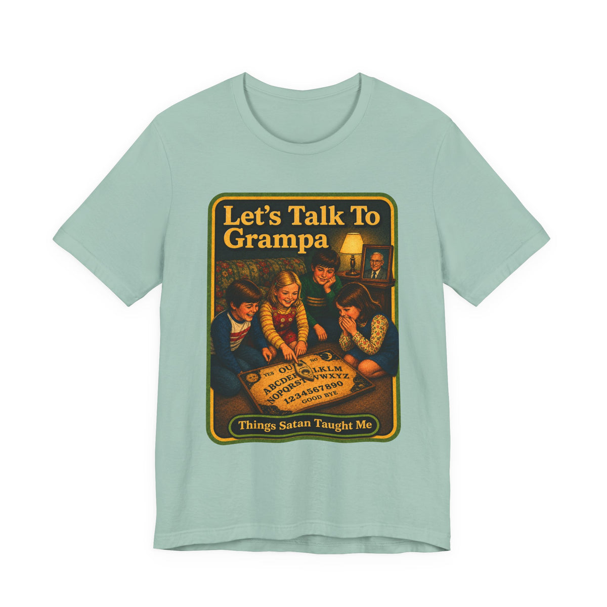 Let's Talk To Grampa Unisex Tee in Dusty Blue, front