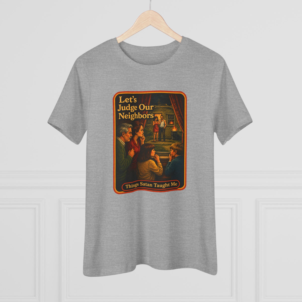 Let's Judge Our Neighbors Women's Tee in Athletic Heather, view 4