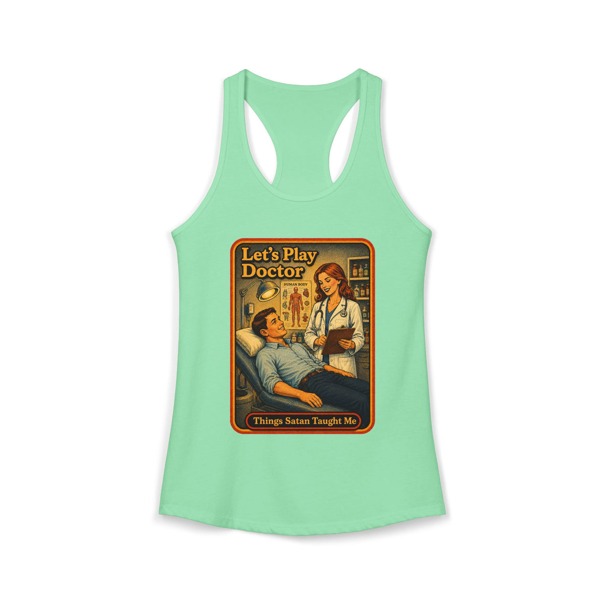 Let's Play Doctor Racerback Tank in Mint, front